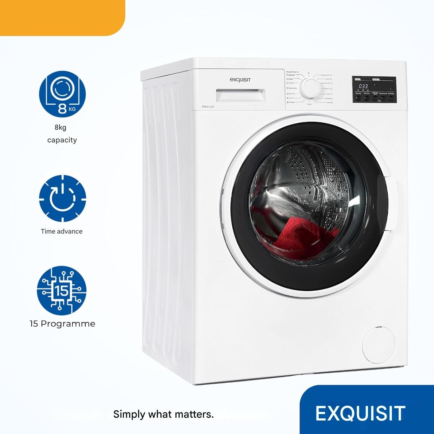 Masina de spalat rufe cu uscator, Exquisit, capacitate 9 kg, 15 programe de spalare, mod ECO, 1400 rpm, pornire intarziata, control eletronic al balansului, ajustare automata a consumului, filtru pentru scame, afisaj LED, Child Lock, semnal acustic, alb
