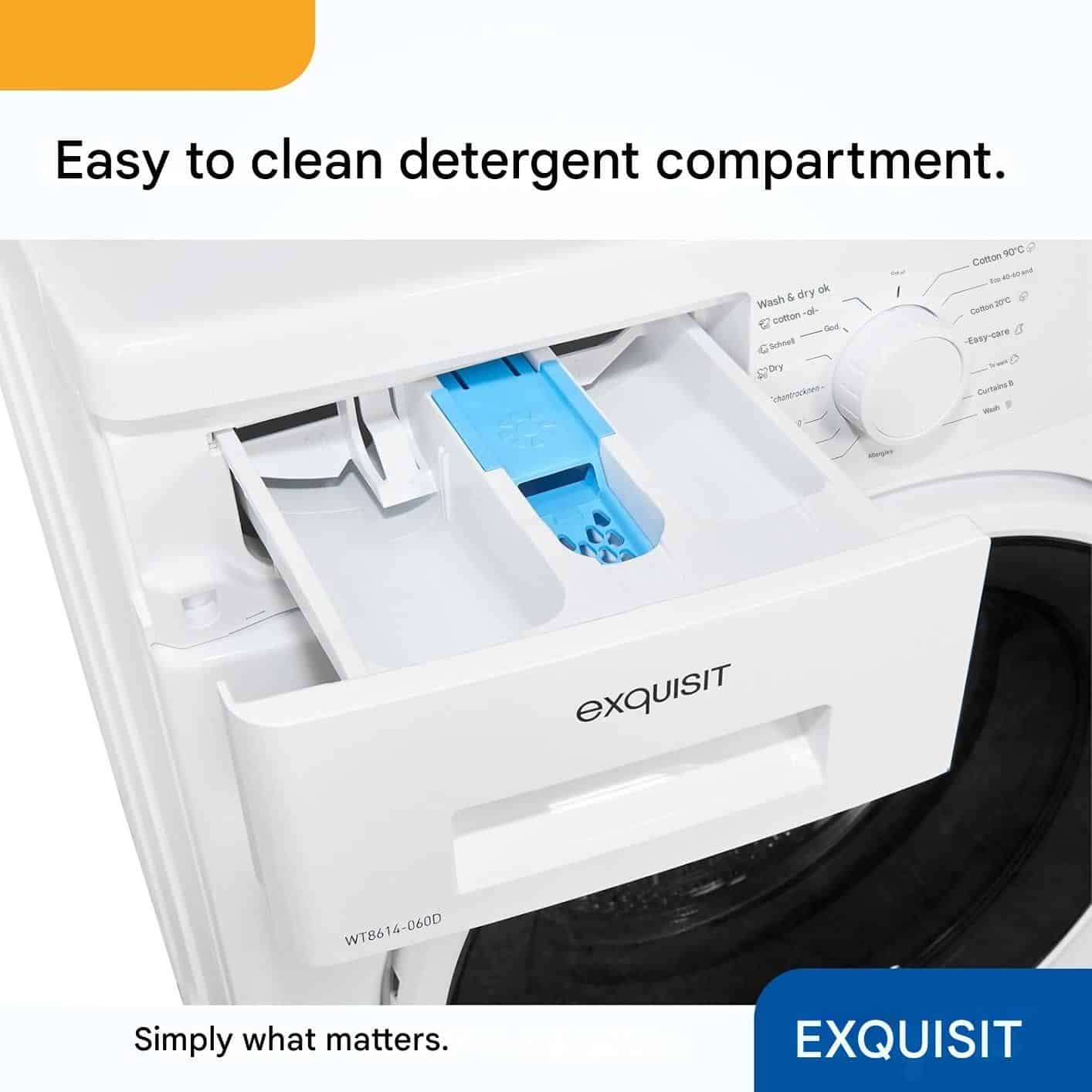 Masina de spalat rufe cu uscator, Exquisit, capacitate 9 kg, 15 programe de spalare, mod ECO, 1400 rpm, pornire intarziata, control eletronic al balansului, ajustare automata a consumului, filtru pentru scame, afisaj LED, Child Lock, semnal acustic, alb
