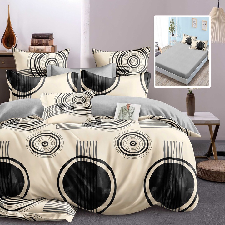 Двойно спално бельо от 6 части Finet Cotton с калъф за матрак 160x200 или 180x200 см, плик за завивка 200x230 см, 2 калъфки за възглавници 50x70 и 70x70 см, кремаво сиво, Sulphur HF6P326