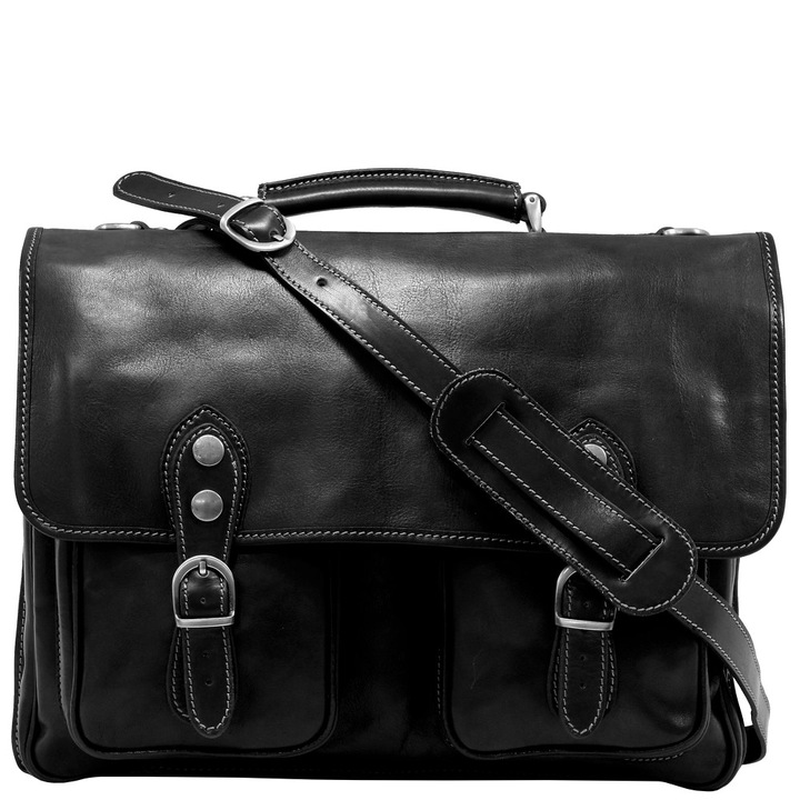 Servieta din piele naturala pentru laptop, neagra, LS143