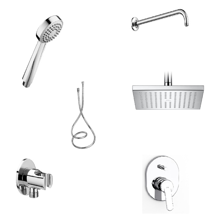 Set de dus Roca, format din 6 elemente: baterie incastrata, brat de dus 30 cm, cap de dus, para de dus, racord apa cu suport de dus, furtun de dus antitorsiune 170 cm