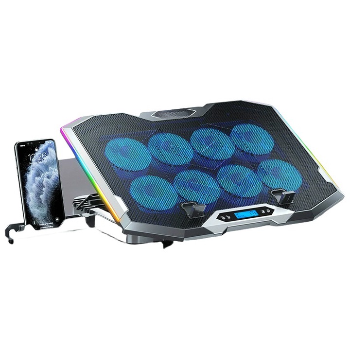 Laptop Cooler, compatibil cu 12.1-17.3 inci, 8 ventilatoare, iluminare RGB, port USB, LCD inteligent, mod cu 3 viteze, cu suport pentru telefon, cablu de alimentare de 1,5 m, negru