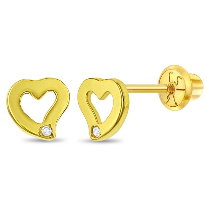Cercei din Aur 14K pentru Bebelusi si Copii, model Inima cu Diamant, inchidere cu Filet si Protectie