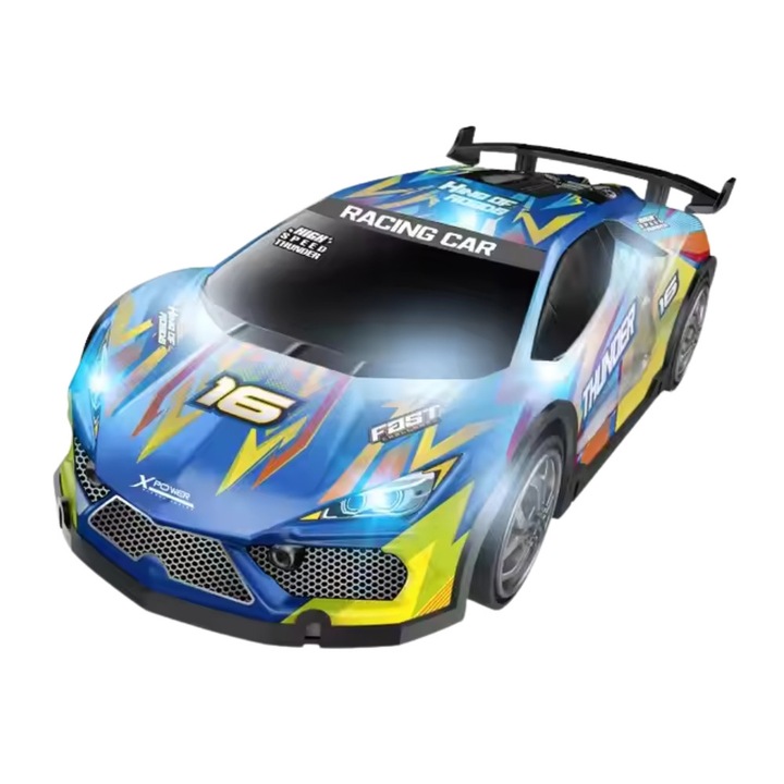 Masina Drift Racing Car cu Rc, corp luminos, roti rezerva, acumulator 3.7V, albastru