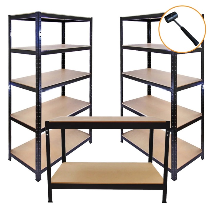 3 db T-Rax 90 cm-es fekete fémpolc és fekete munkapad