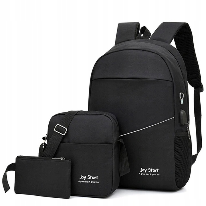 Rucsac 3 in 1, Dabola, Cu geanta, Borseta si portofel, 46 cm, Cu port usb, Pentru laptop, Negru
