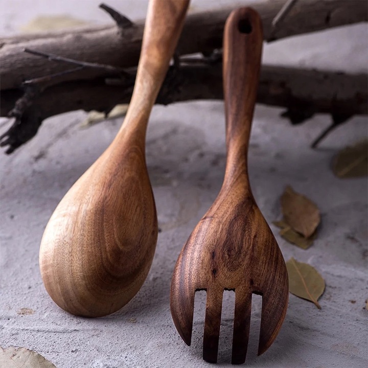 Set de tacamuri din lemn natural, 2 piese, lingura si furculita, 27x6.8cm, multicolor