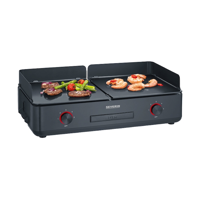 Gratar electric tip plancha Severin, Suave, S8569, suprafata antiaderenta 48x27 cm, gatire rapida, potrivit pentru interior/exterior, temperatura reglabila, incalzire rapida, plita cu strat ceramic, curatare usoara, material aluminiu, 2200 W, negru