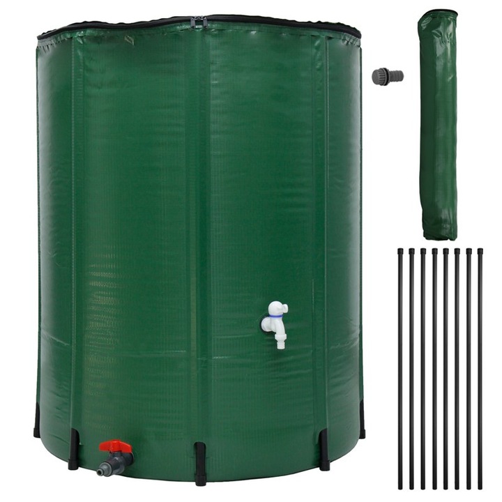 Rezervor apa pluviala din PVC, Zola, 100L, robinet incorporat, supapade preaplin, filtru de plasa, pliabil, verde