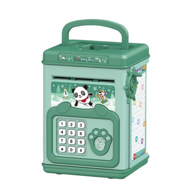 Okos malacpersely gyerekeknek, SafeVault, ATM típusú, ujjlenyomat jelszóval, biztonság a kicsi megtakarításaiért, Green