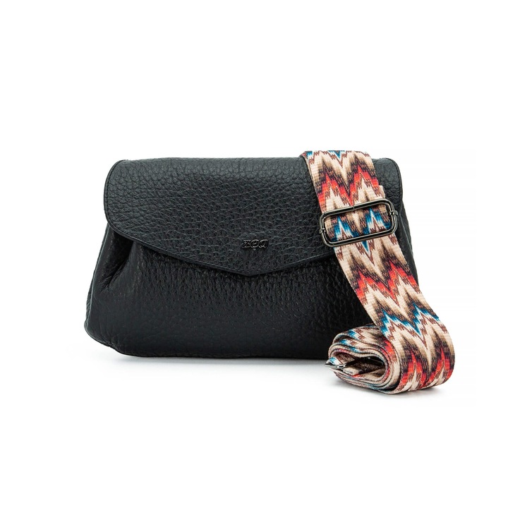 Geanta Dama, Zea, Casual, Neagra, Lucrata Manual, Piele Naturala, Curea Decorativa Multicolora Textila, 26x17x5 cm