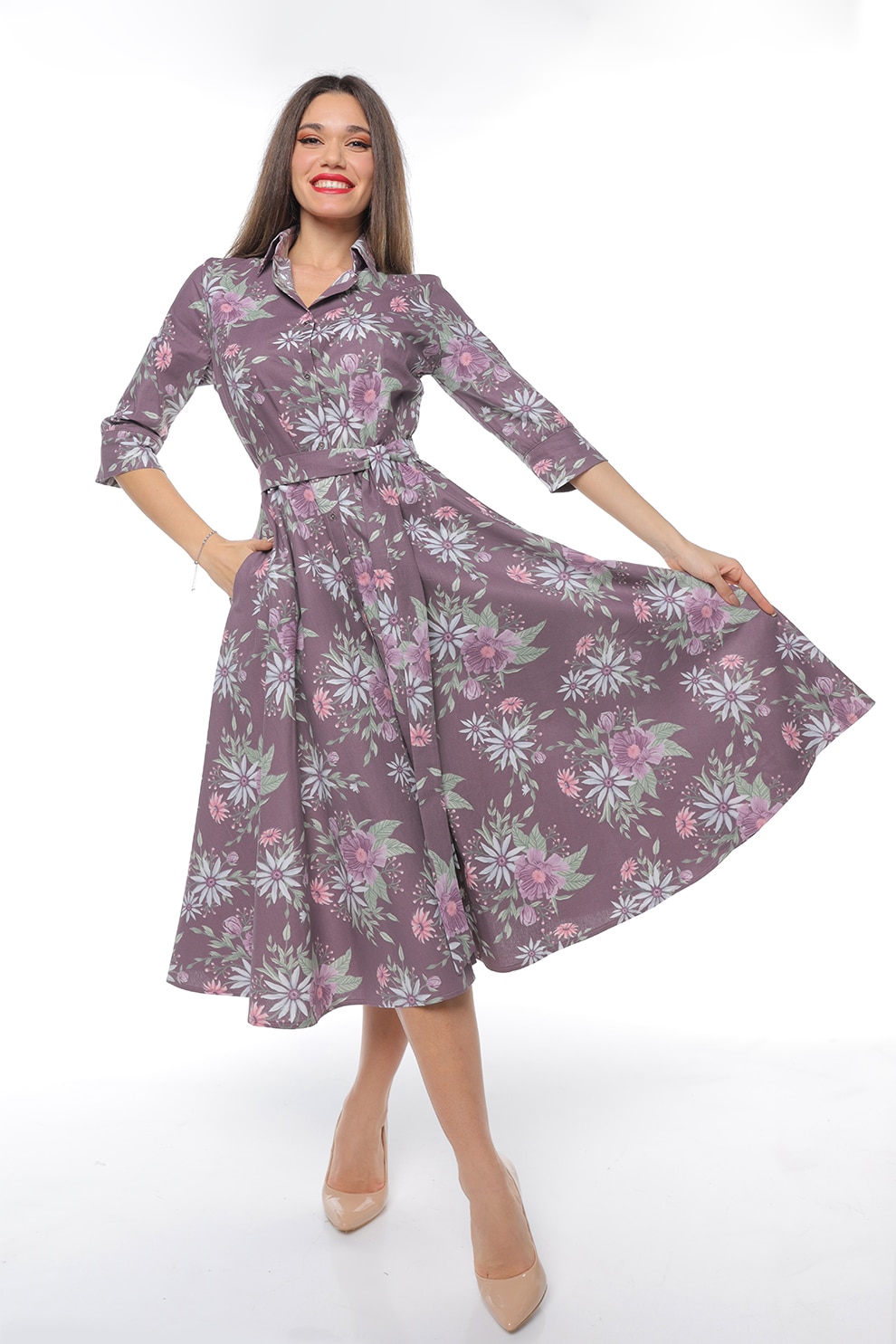 CAMISSI, Rochie-camasa evazata cu cordon in talie, Verde, Violet, S-M