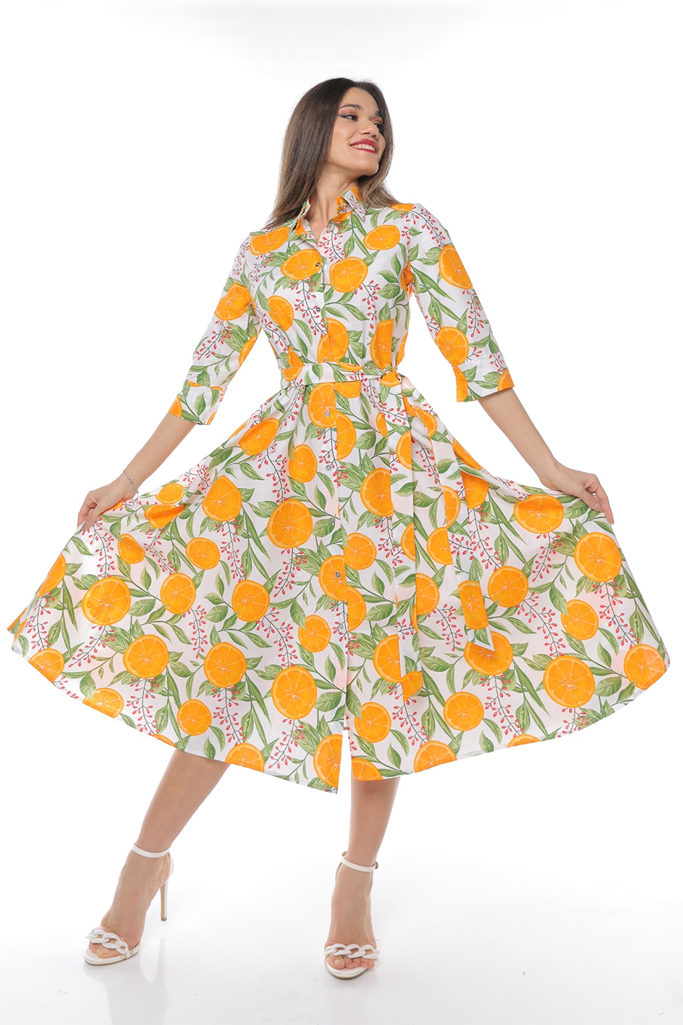 CAMISSI, Rochie-camasa evazata cu cordon in talie, Alb, Verde, Portocaliu, S