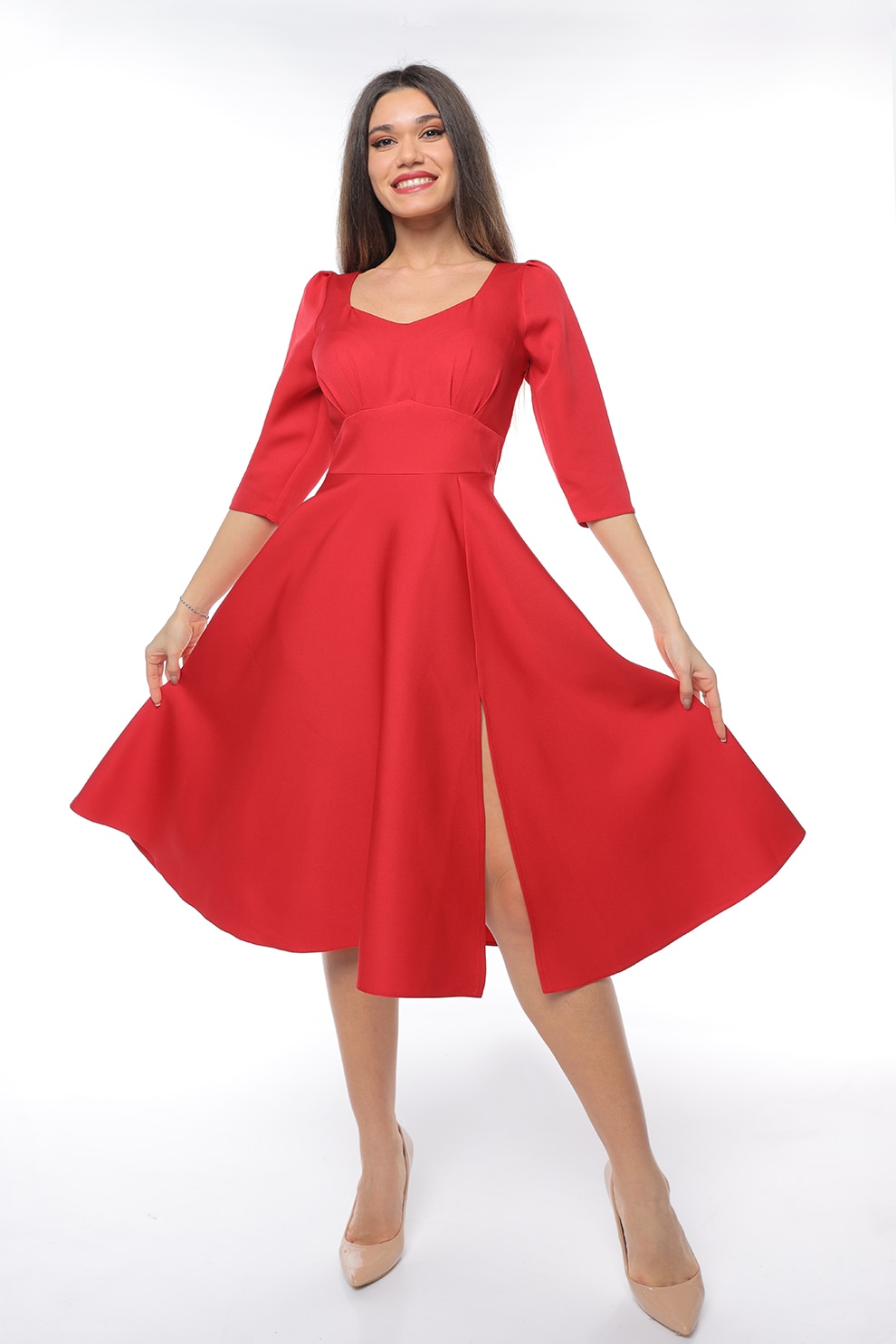 CAMISSI, Rochie midi cu slit lateral, Rosu, S