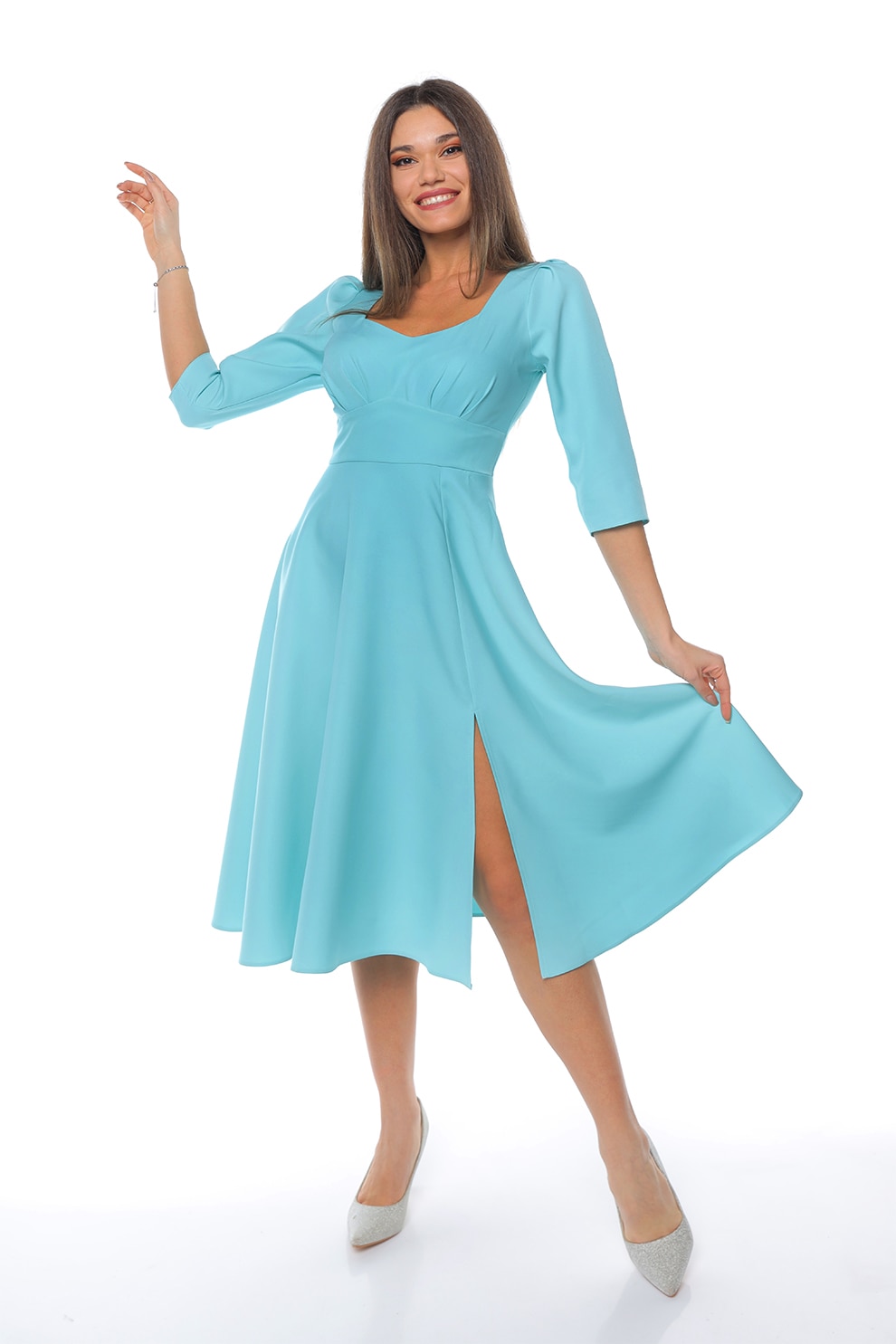 CAMISSI, Rochie midi cu slit lateral, Albastru azur, XL
