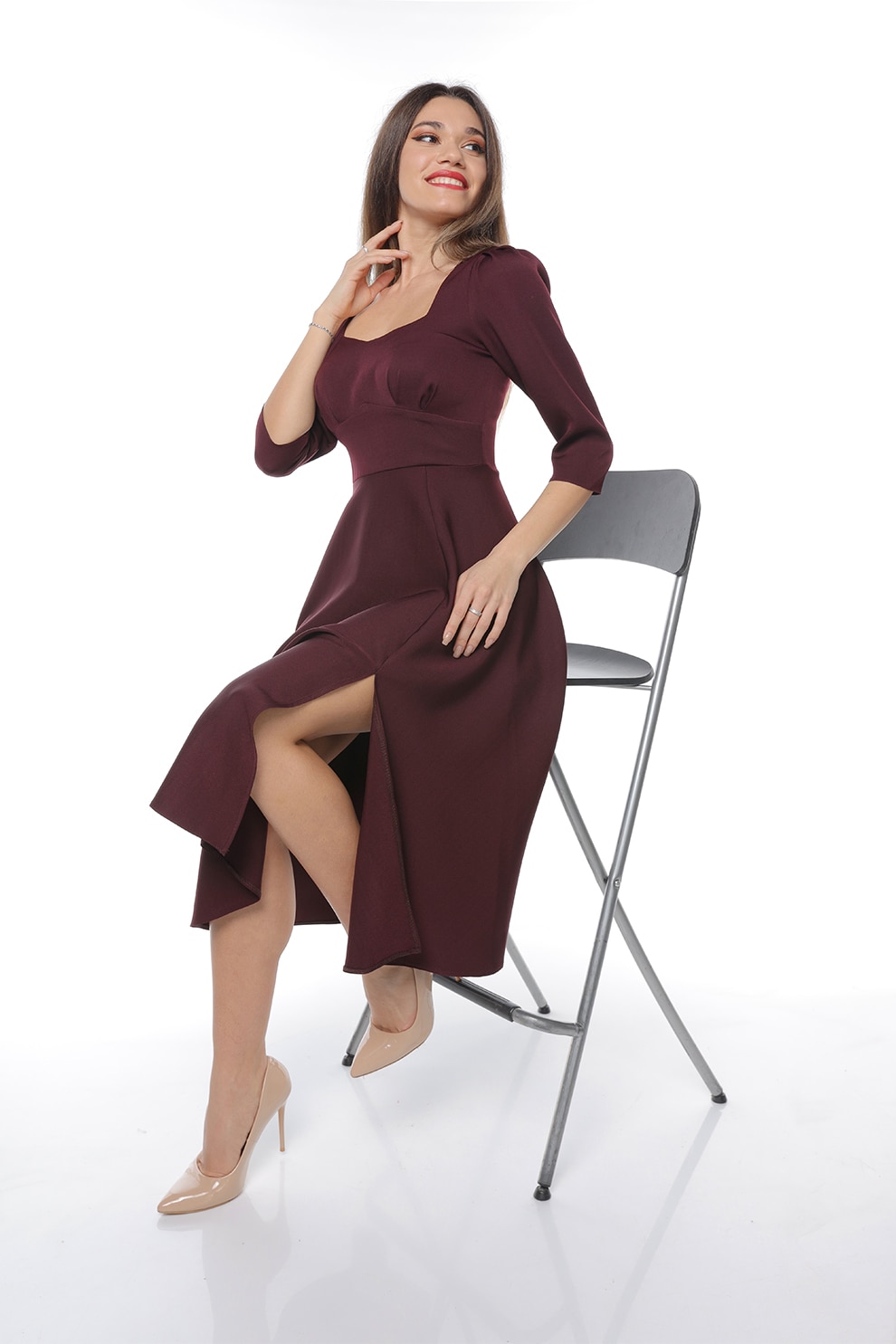 CAMISSI, Rochie midi cu slit lateral, Visiniu, S