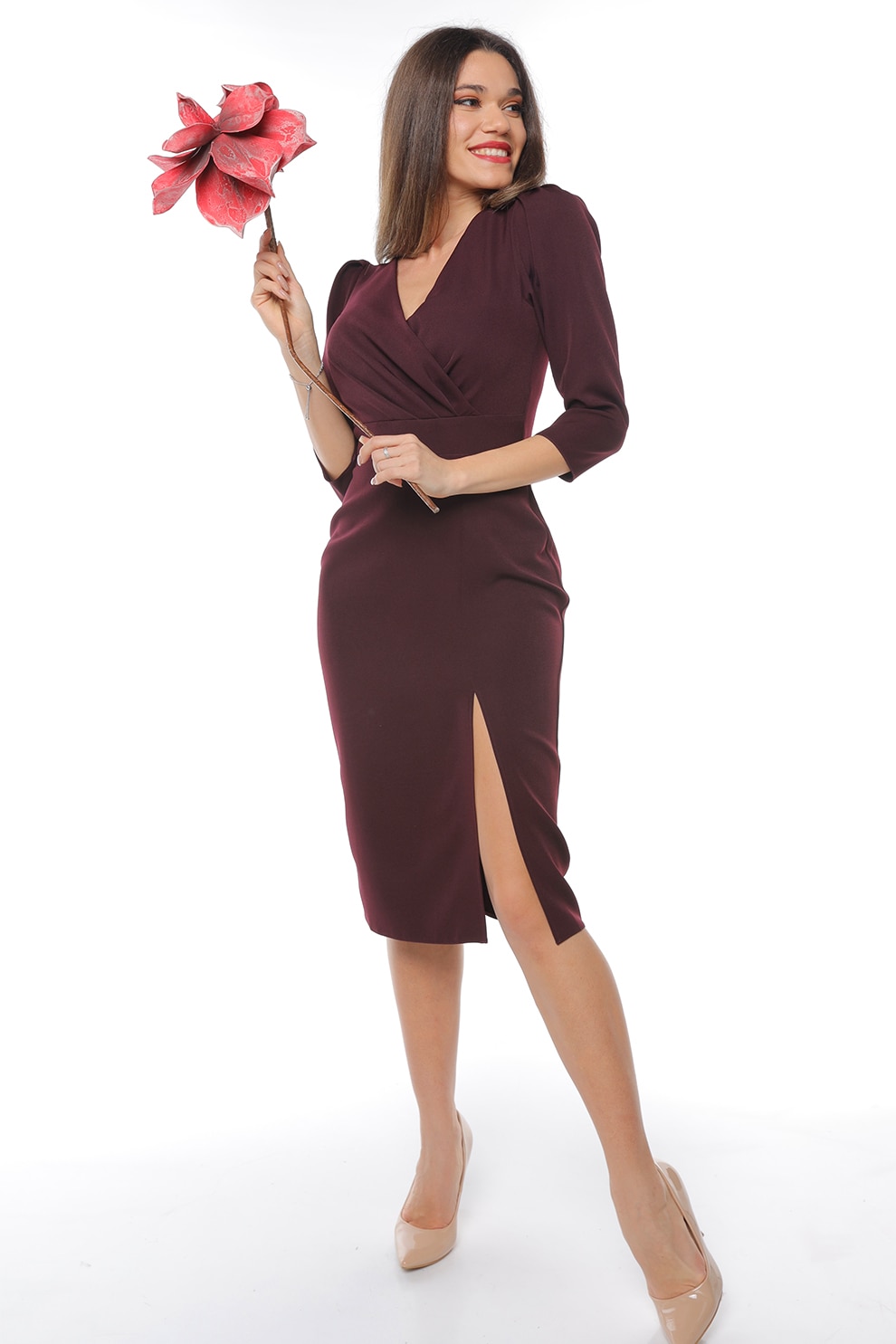 CAMISSI, Rochie cu slit lateral si decolteu in V, Visiniu, XL