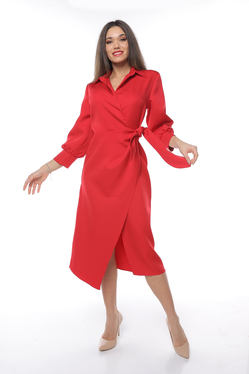 CAMISSI, Rochie midi cu croiala petrecuta si slit frontal, Rosu, S-M