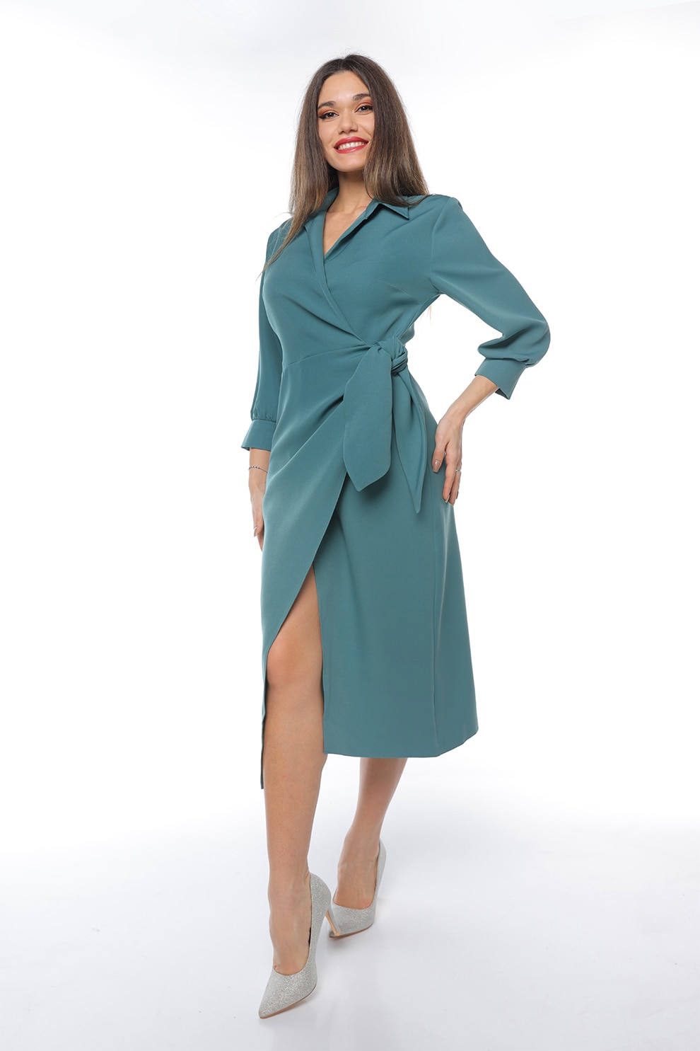 CAMISSI, Rochie midi cu croiala petrecuta si slit frontal, Verde persan, S-M