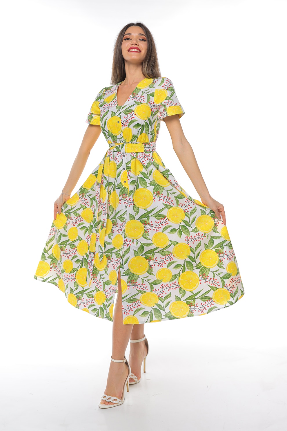CAMISSI, Rochie-camasa cu cordon in talie, Galben, Verde menta, L-XL