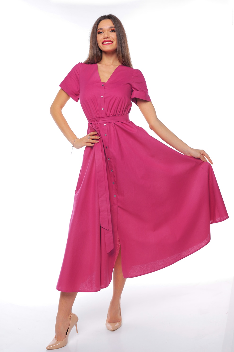 CAMISSI, Rochie-camasa cu cordon in talie, Fucsia, L-XL