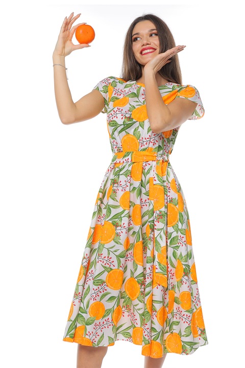 CAMISSI, Rochie midi cu croiala evazata si maneci scurte, Portocaliu/Verde pal