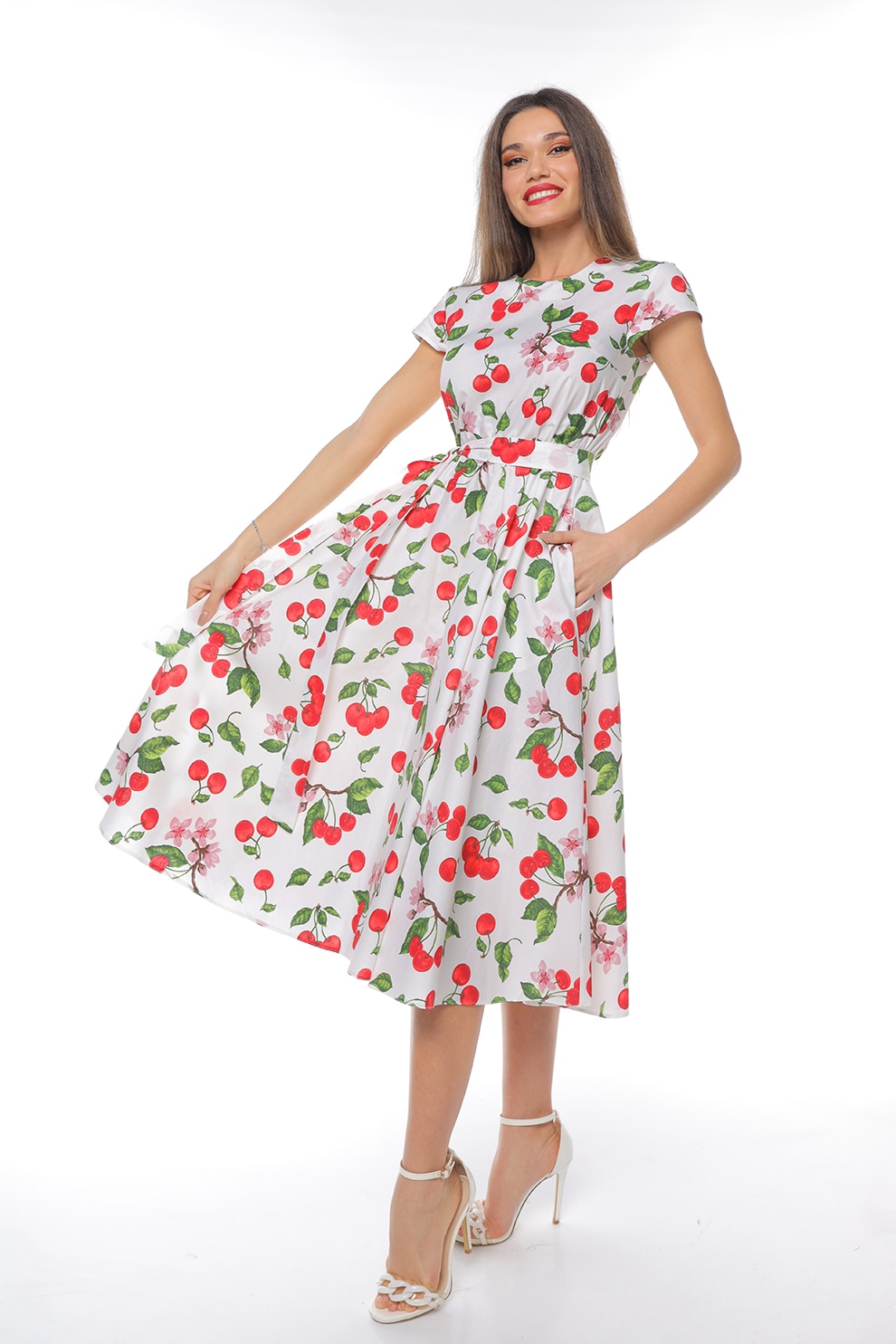 CAMISSI, Rochie midi cu croiala evazata si maneci scurte, Rosu, Alb, Verde, L-XL