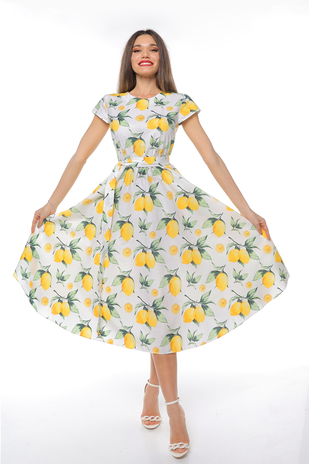 CAMISSI, Rochie midi cu croiala evazata si maneci scurte, Alb, Verde, Galben, S-M