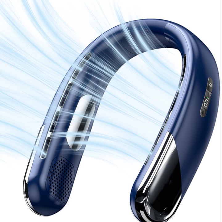 Hordozható nyakventilátor, BOMSTOM, LED kijelző, 5 sebességfokozat, USB töltés, Modern dizájn, Csendes, Hosszú üzemidő, Sötétkék