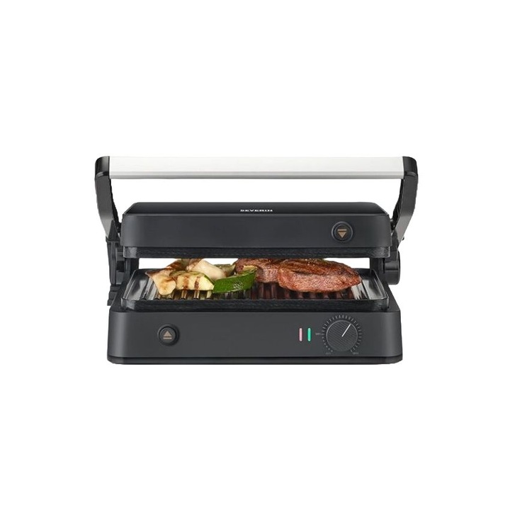 Gratar electric Severin, Sevini Lite, ideal pentru sandwichuri/friptura/peste, suprafata gatire 30x22 cm, temperatura reglabila max. 230°C, indicatoare luminoase LED, placi antiaderente striate cu strat ceramic, incalzire rapida, negru