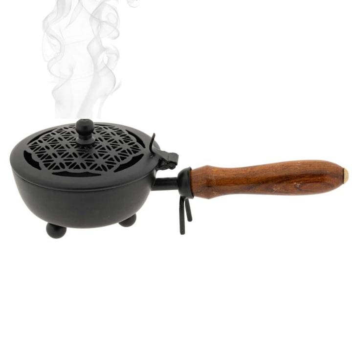 Arzator catuie tamaie din metal cu maner de lemn si capac rabatabil, model Flower of Life, design elegant si durabil