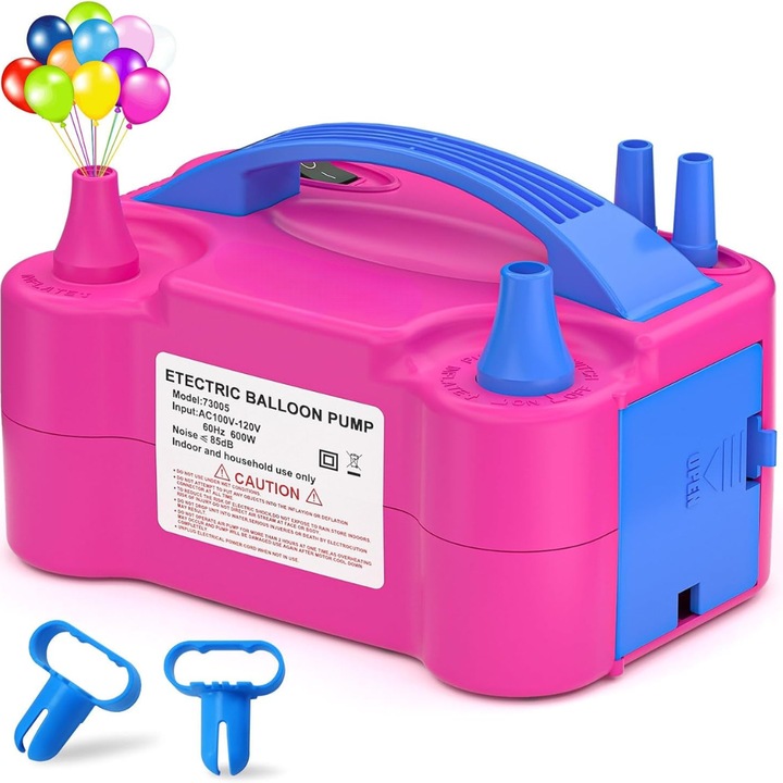 Pompa Electrica pentru Umflat Baloane, Compact si Usor de Utilizat, cu Functie de Siguranta si Duze Duble pentru Umflare Rapida, Roz