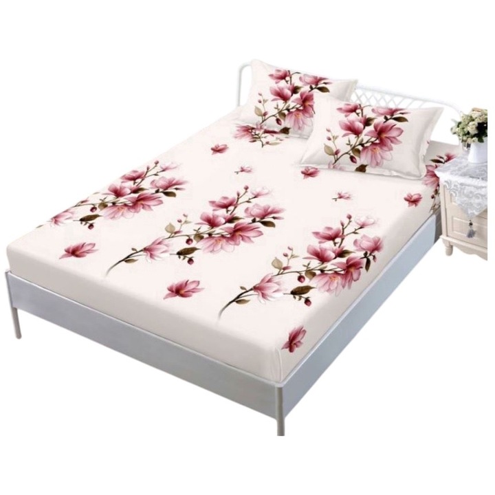 Husa de pat cu elastic si 2 fete de perna, tesatura tip finet, pat 2 persoane, 180x200cm, G-149