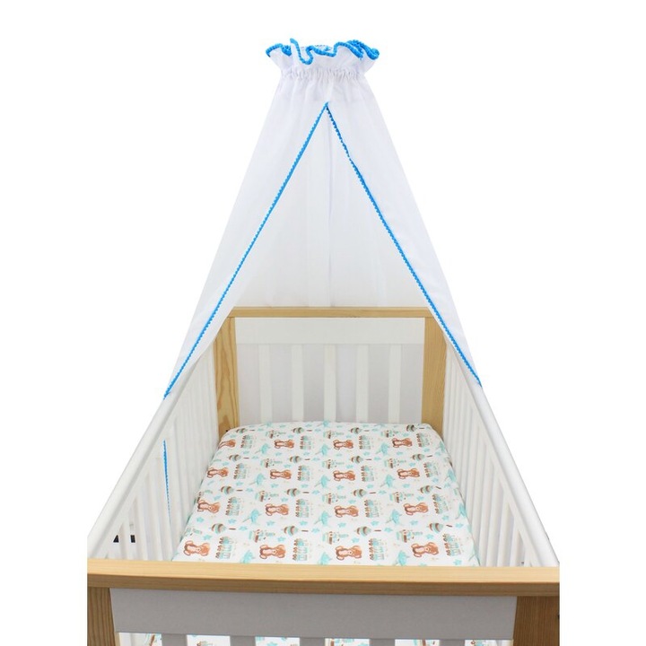 Baldachin voal, cu ciucuri turcoaz, 300x160 cm, alb