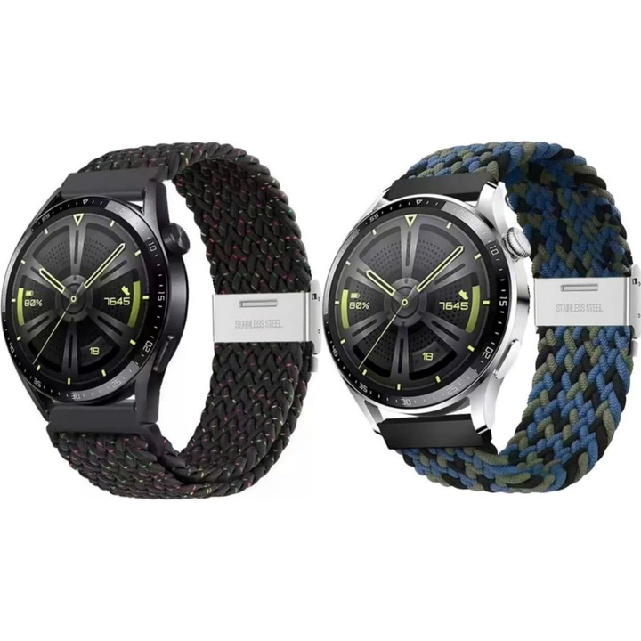 2 db Müller® nylon szíj az okosórához, Quick Release állítható, 20 mm széles, kompatibilis: Samsung Galaxy Watch Active 1 2 40 mm 44 mm, Amazfit Bip GTS 2 3 5, mini Huawei GT 2 3 42 mm, Garmin, fekete és kék terepszínű