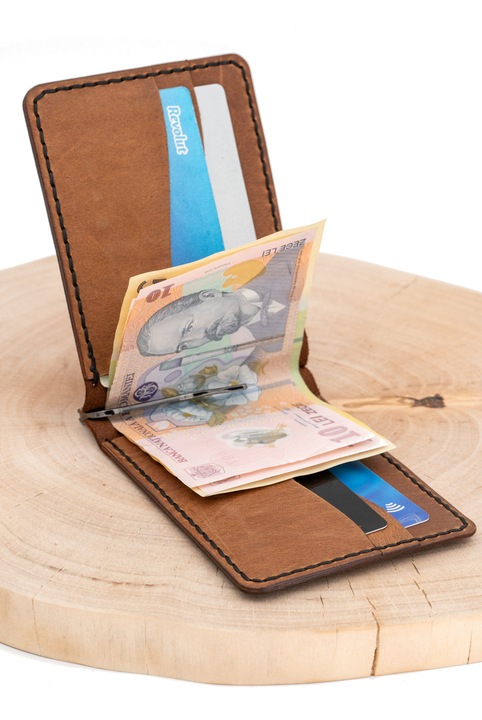 Portofel pentru carte de identitate, din piele naturala, cusut manual, cu agrafa bancnote, design minimalist, Maro deschis, 13 x 9 cm