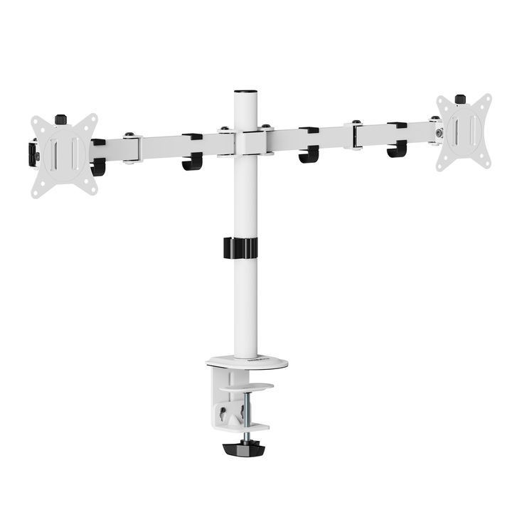 Suport 2 monitoare 17-32" inch, StableArm Saver Duo, Pana la 9 kg/ecran, Solid, Slim si Usor reglabil, Organizator cabluri, Stil Minimalist pentru Birou Office, Gaming, Prindere cu clema/surub in blat, VESA 100x100/75x75 - Alb mat