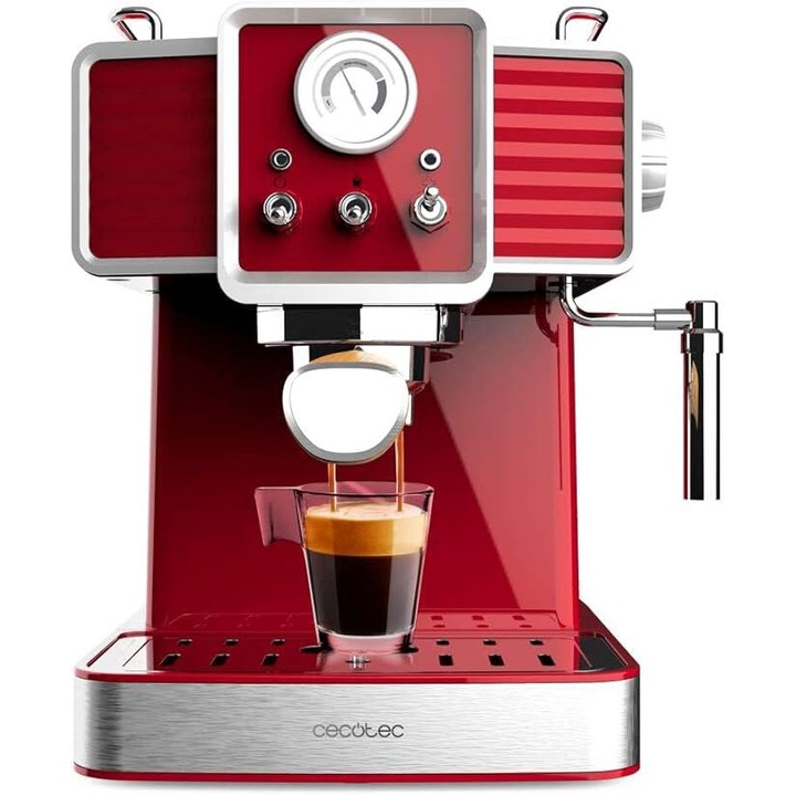 Машина за еспресо, Cecotec Manual Espresso, Power Espresso 20 Tradizionale, 1350 W, 20 bar, 1.5 l, Червен