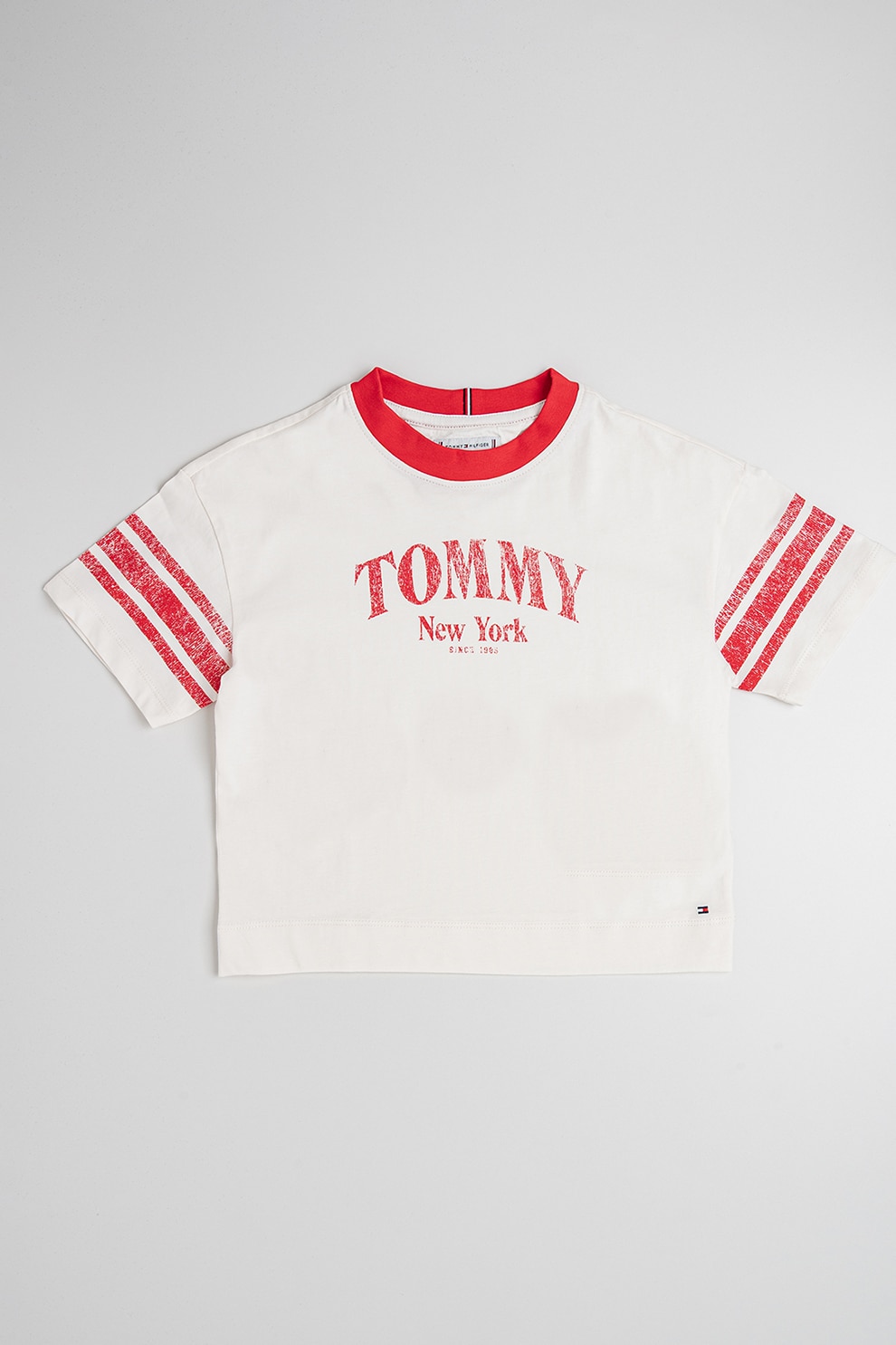 Tommy Hilfiger, Tricou de bumbac cu logo, Alb fildes, Rosu vermillion, 152 CM