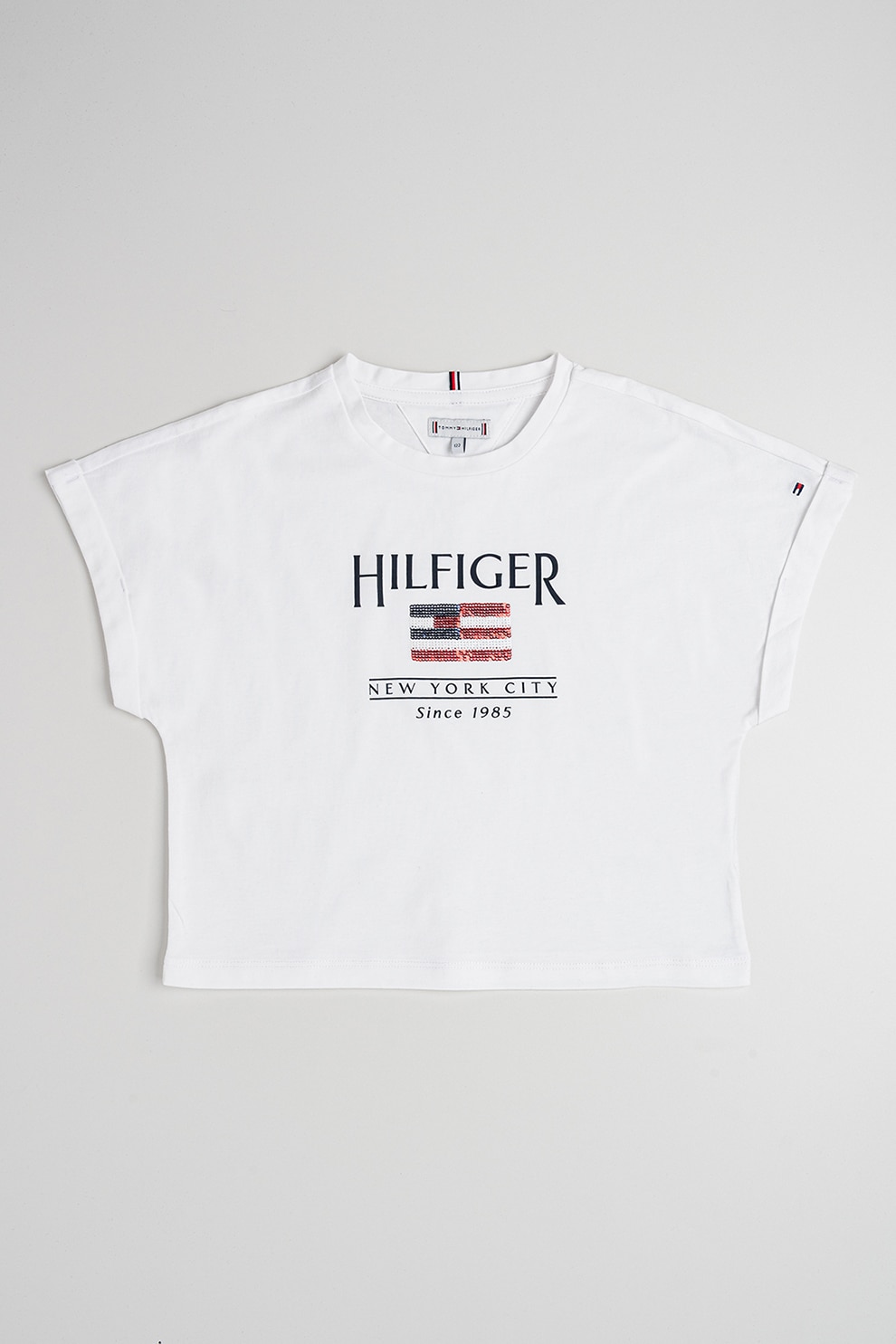 Tommy Hilfiger, Tricou de bumbac cu imprimeu logo, Alb optic, 122 CM