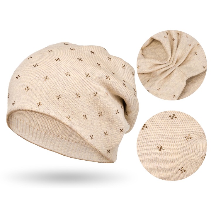 Caciula de iarna pentru femei, Peterson, Model peterson, Bej, Universal, 10% lana, 40% acril, 50% nylon, Croiala slouchy, Decorata cu cristale, Toamna-iarna