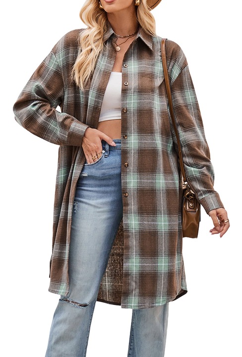 Női alkalmi kabát, kockás, hosszú ujjú, lehajtható gallérral, poliészter