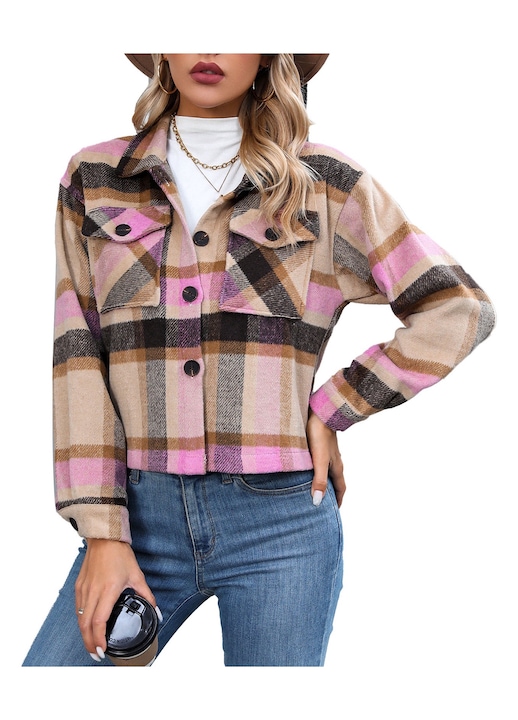 Дамско яке, каре, полиестер, със странични джобове, многоцветно