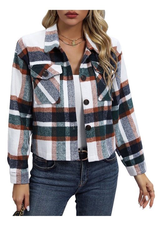 Дамско яке, карирана шарка, полиестер, странични джобове, многоцветно