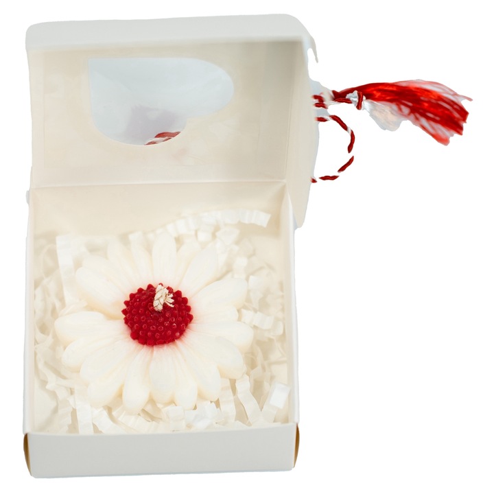 Martisor lumanare parfumata din ceara naturala de soia in cutie alba cu snur alb rosu