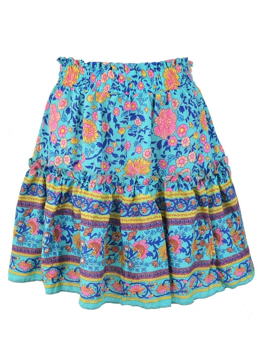 Къса етно пола с флорален принт, синя, ластик