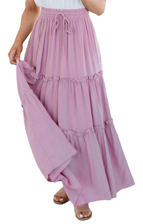 Дълга пола с волани, висока талия, А-силует, светло лилаво, изкуствена коприна