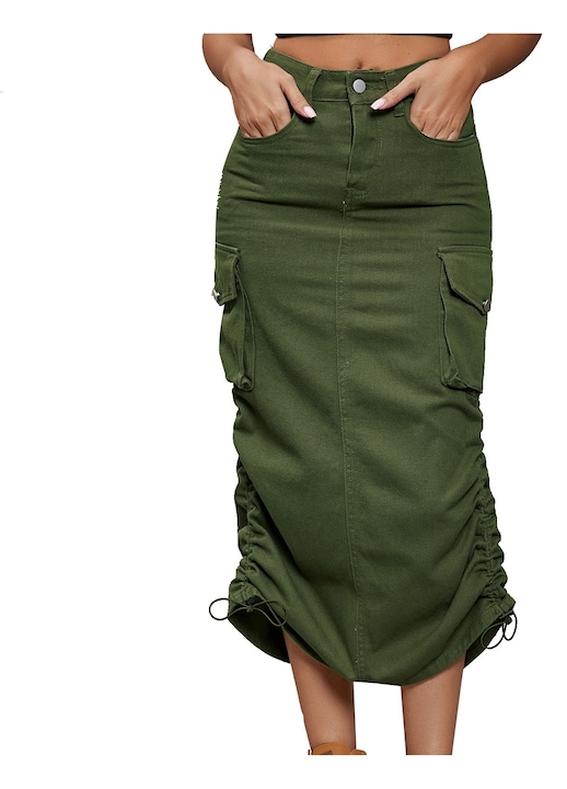 Дълга дънкова пола с големи джобове, нежен дизайн, широк подгъв