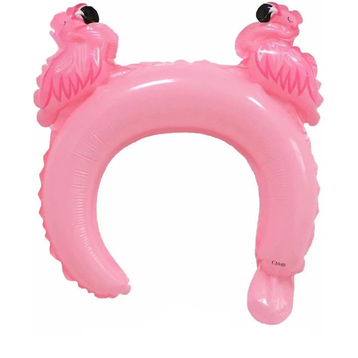 Balon din Folie Metalizata, Cyrax, Tip Coronita cu Urechi, Model Flamingo, Ambalaj Individual, Pai Inclus, Umflare cu Aer sau Heliu, 28 x 27 cm, Roz