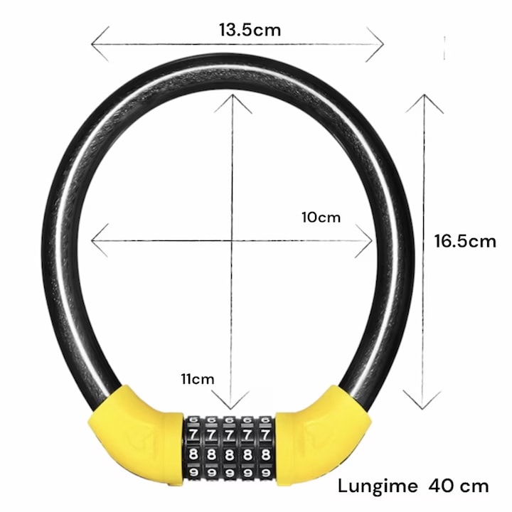 Lacat antifurt cu cifru pentru motocicleta, bicicleta, scuter si trotineta, universal, negru-galben, otel spiralizat si PVC, rezistent la apa si praf, lungime 40 cm